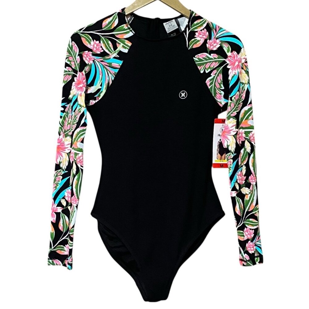 Hurley Black Floral Long Sleeve One Piece Swimsuit
